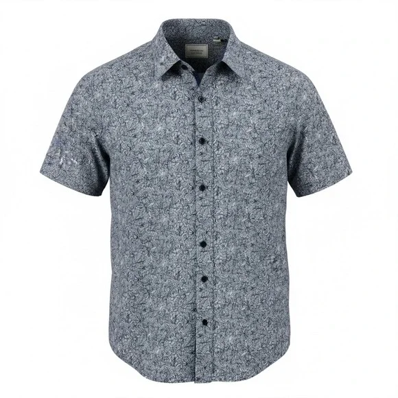 7Diamonds Mens Short Sleeve Button Up Shirt Blue Floral Print 4 Way Stretch Sz L - Picture 2 of 12